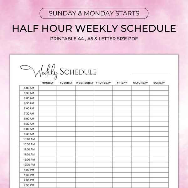 Simple Half Hour Weekly Schedule, Weekly Planner Printable, Weekly To Do List, Agenda, Sunday & Monday Start, blank planner,A4 A5 Letter PDF