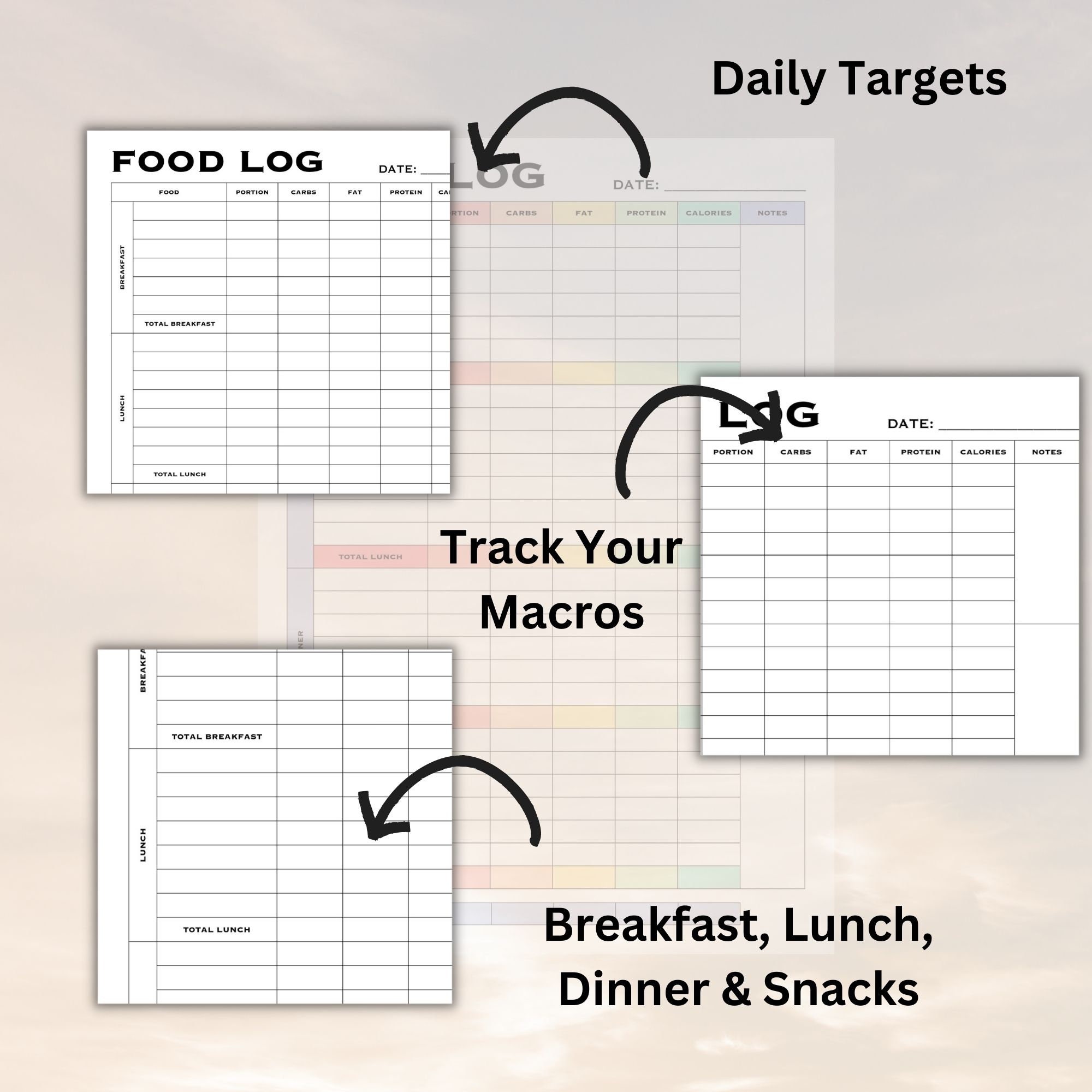 Printable Daily Food Diary Calorie Tracker &amp; Counting PDF, Rainbow , 10 ...