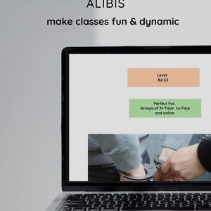 May include: A laptop computer screen displaying a graphic of handcuffs with the text "Interactive ESL: Conversation Game Crafting Convincing Alibis" and "Make classes fun & dynamic". The screen also displays "Level: B2-C2" and "Perfect For: Groups of 3+ Face-to-Face and online". The laptop is on a white surface with the text "TalkTimeCreations" below the laptop.