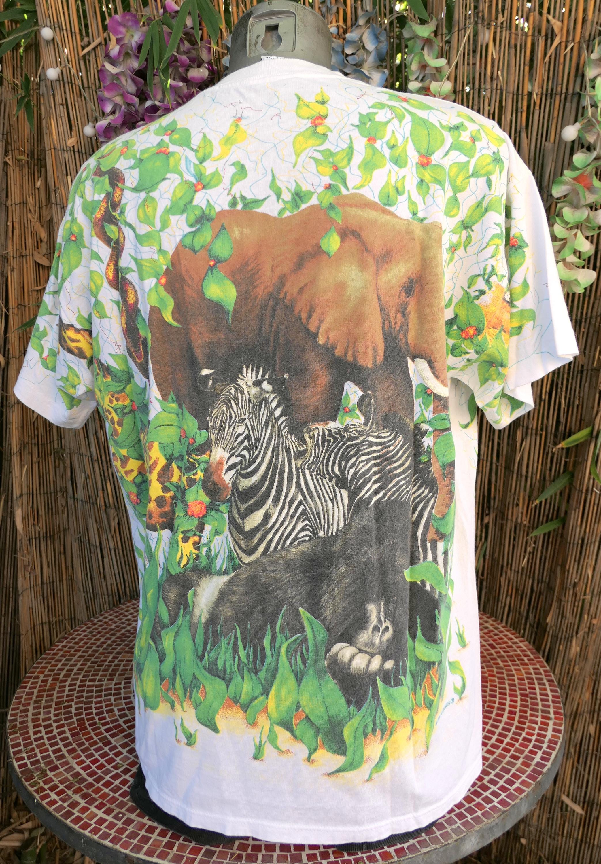 90's~00's elephant back print Tシャツ 90's Vintage 1992 JUNGLE Ape Elephant Zebra Giraffe All Over