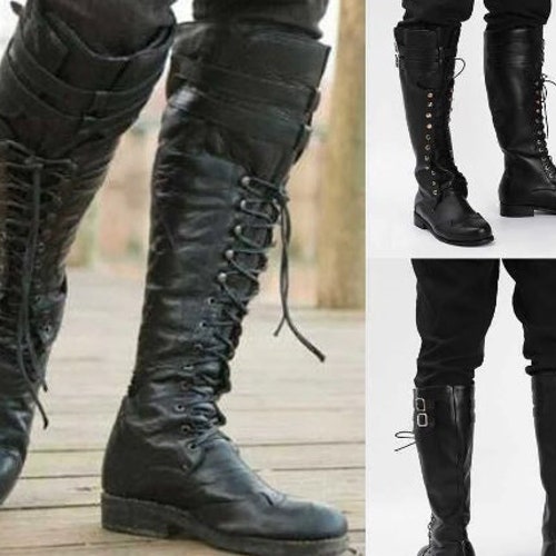 Men's Lace up Knee High Boots Medieval Renaissance Pull Etsy