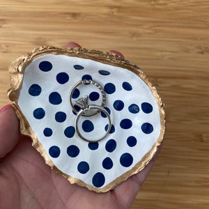 Blue Polka Dot Oyster Shell Ring Dish, Jewelry Trinket Dish, Jewelry Ring Holder, Bridesmaid gift, Gift for her, Wedding ring dish