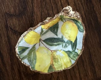 Lemon Oyster Shell Ring Dish, Coastal Jewelry Holder, Lemon Kitchen Decor, Gold Trinket Dish, Hostess Gift for Her