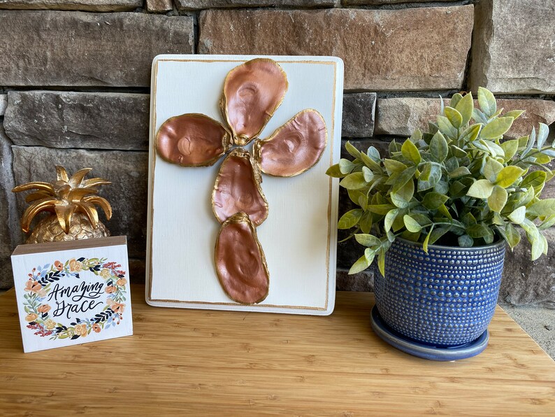 9 X 11 Oyster Cross on Wooden Block, Christian Wall Art, Religious Wall