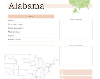 Puede incluir: Una hoja de trabajo titulada "Alabama" con secciones para completar con datos, dibujar la bandera y un punto de referencia. Incluye un mapa de los Estados Unidos, un mapa de Alabama e iconos. También está presente el texto "¿Qué te gustaría ver en este estado?"