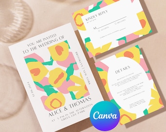 Suite de invitación de boda colorida editable Canva, invitación de boda moderna con RSVP, invitación de boda boho abstracta Descarga instantánea