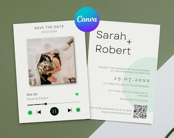 Unique Spotify Wedding Invitation with Photo, Fun Wedding Invite Template with QR Code, Musical Wedding Invitation Canva Template