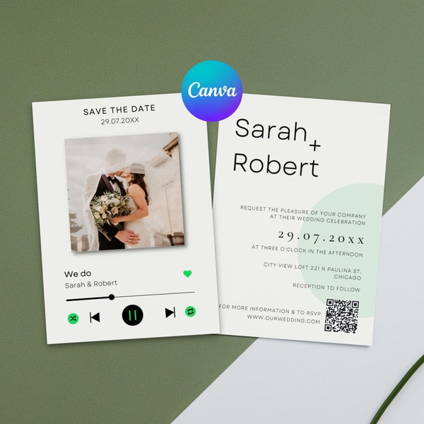 Unique Spotify Wedding Invitation with Photo, Fun Wedding Invite Template with QR Code, Musical Wedding Invitation Canva Template