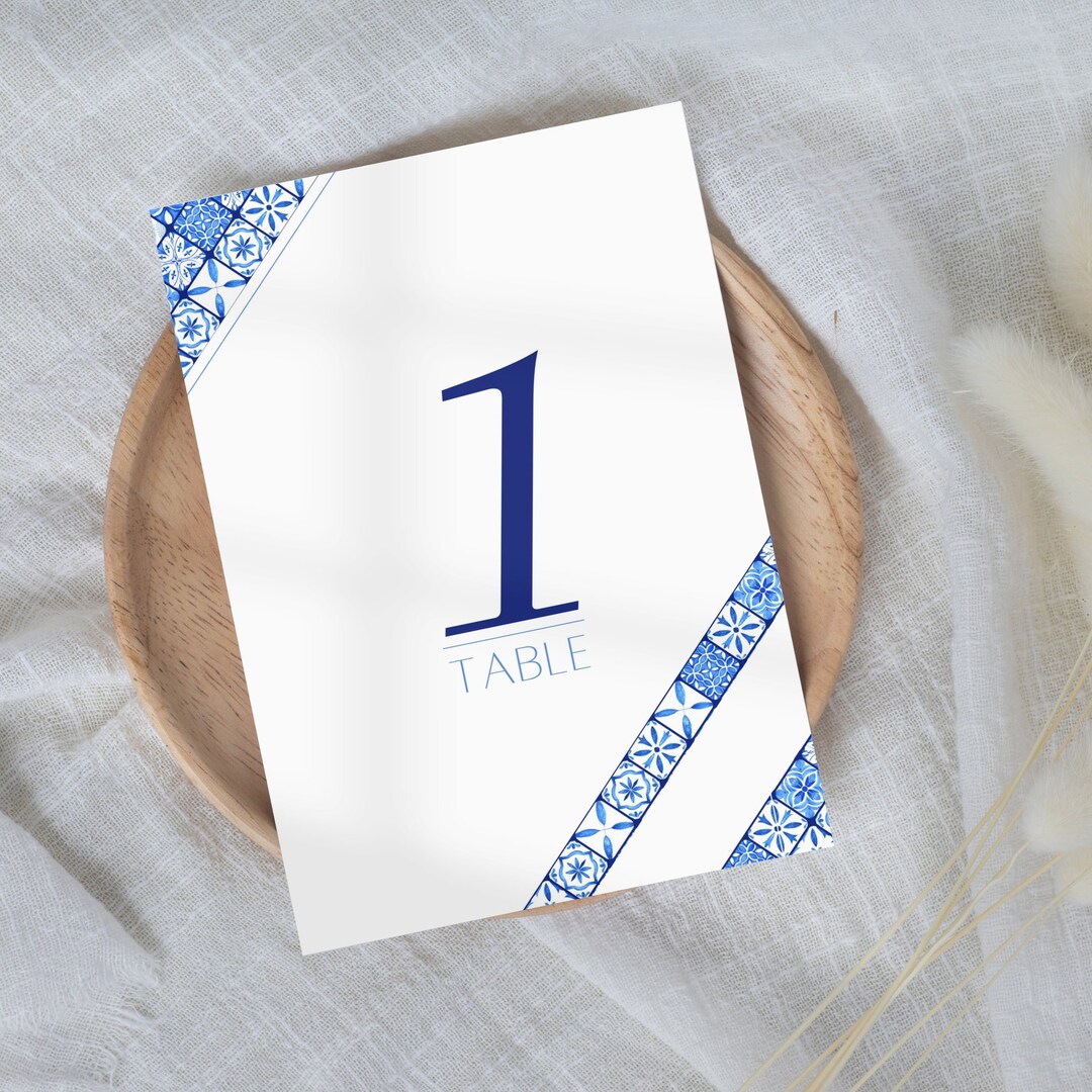 Wedding Table Numbers Template, Blue Tile Modern Table Number, Editable ...