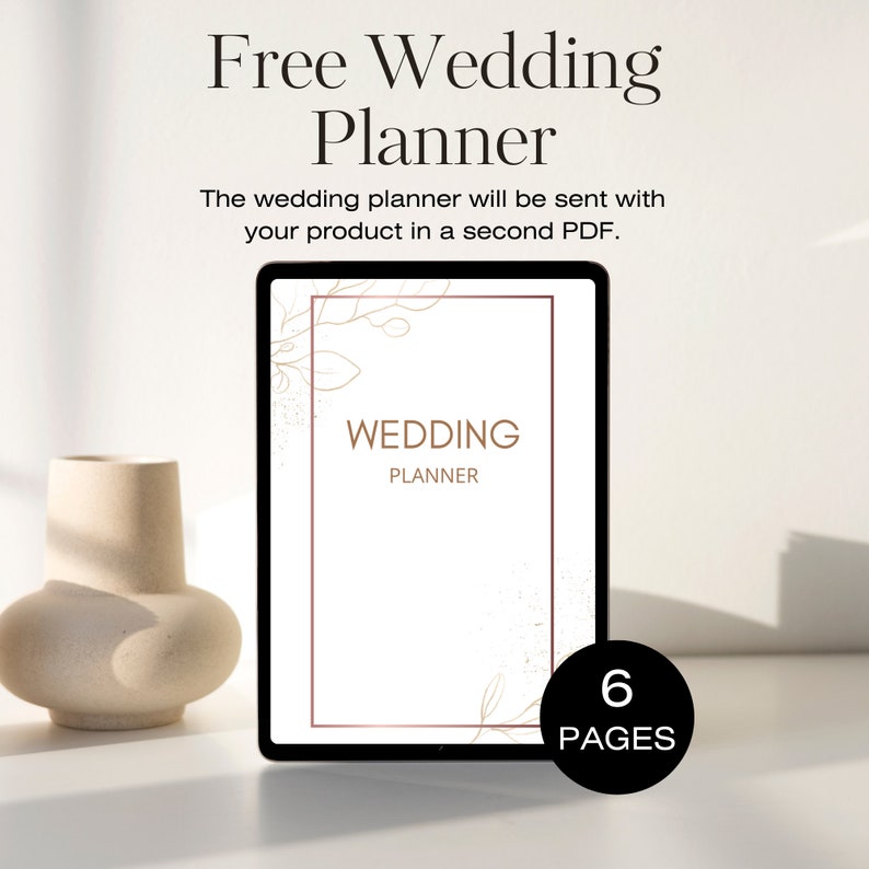 May include: A digital tablet displaying a free wedding planner with a gold floral design and the text "WEDDING PLANNER". The tablet is on a white surface with a beige vase.