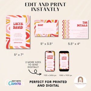 May include: A digital invitation template with a retro 70s design featuring a wavy pattern in shades of pink, orange, and yellow. The text "Lucy & David" is in bold, red letters. The invitation includes the date, time, and location of the event. The template is available in three sizes: 5x7 inches, 5x3.5 inches, and 5.5x4 inches. The invitation can be edited and printed instantly using Canva.