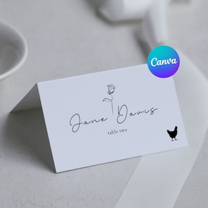 Tarjetas de lugar para boda con menú a elegir, tarjetas de nombre para boda con ícono de menú en Canva, plantilla de tarjeta de asiento con pegatina de menú, tarjetas de nombre plegables