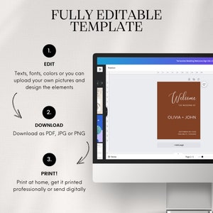 May include: A computer screen showing a terracotta wedding welcome sign template. The sign is brown with white text that says "Welcome, The Wedding of Olivia + John, September 8th, 2023, Paulina St, Chicago". The template is fully editable and can be downloaded as a PDF, JPG, or PNG file.