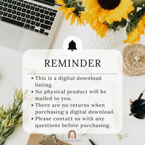 May include: A reminder notice with a bell icon, stating that this is a digital download listing. It also mentions that no physical product will be mailed and there are no returns for digital downloads. The notice encourages customers to contact the seller with any questions before purchasing.
