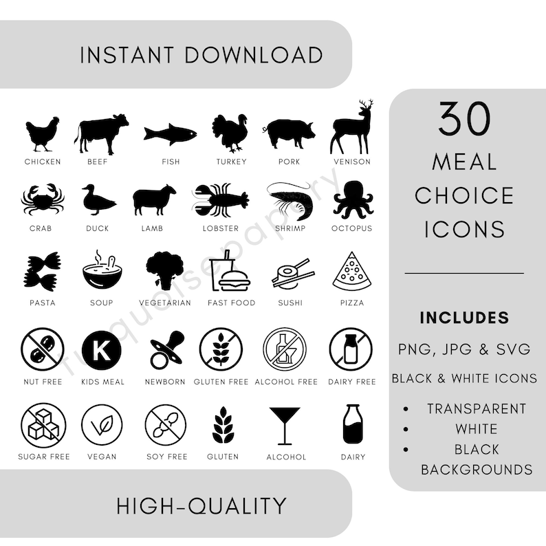 Meal Choice Icons, Meal Choice Stickers for Wedding, Place Card Meal