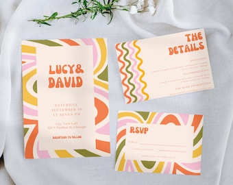 Kolorowy szablon zaproszenia na ślub retro z RSVP, zaproszenie na ślub retro Canva, Groovy Wedding Invitation Suite, zaproszenie elektroniczne