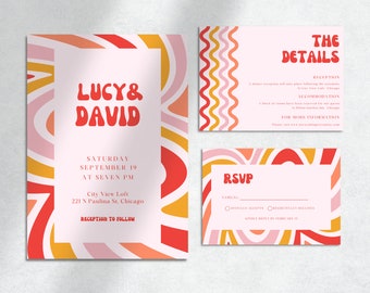 Retro Wedding Invitation Template Canva, 70s Wedding Invites, Colorful Invitation Template, Groovy Wedding Set, Disco Wedding Invitation