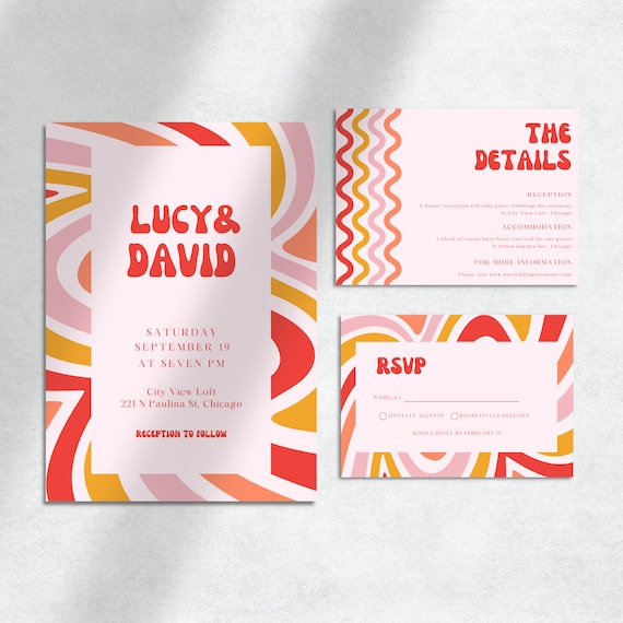 Retro Wedding Invitation Template Canva, 70s Wedding Invites, Colorful Invitation Template, Groovy Wedding Set, Disco Wedding Invitation