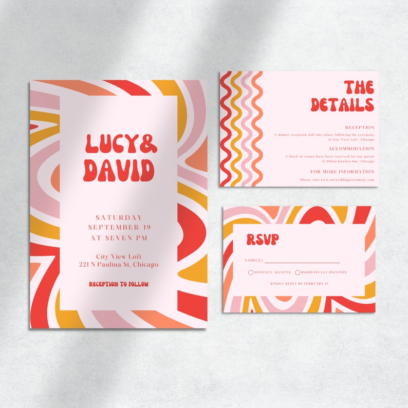 May include: Wedding invitation suite with a retro 70s design. The invitation features a pink background with red, orange, and yellow wavy lines. The text reads "Lucy & David" in a bold, retro font. The date and time of the wedding are listed below, along with the location. The RSVP card features a similar design and includes a space for guests to indicate their attendance.