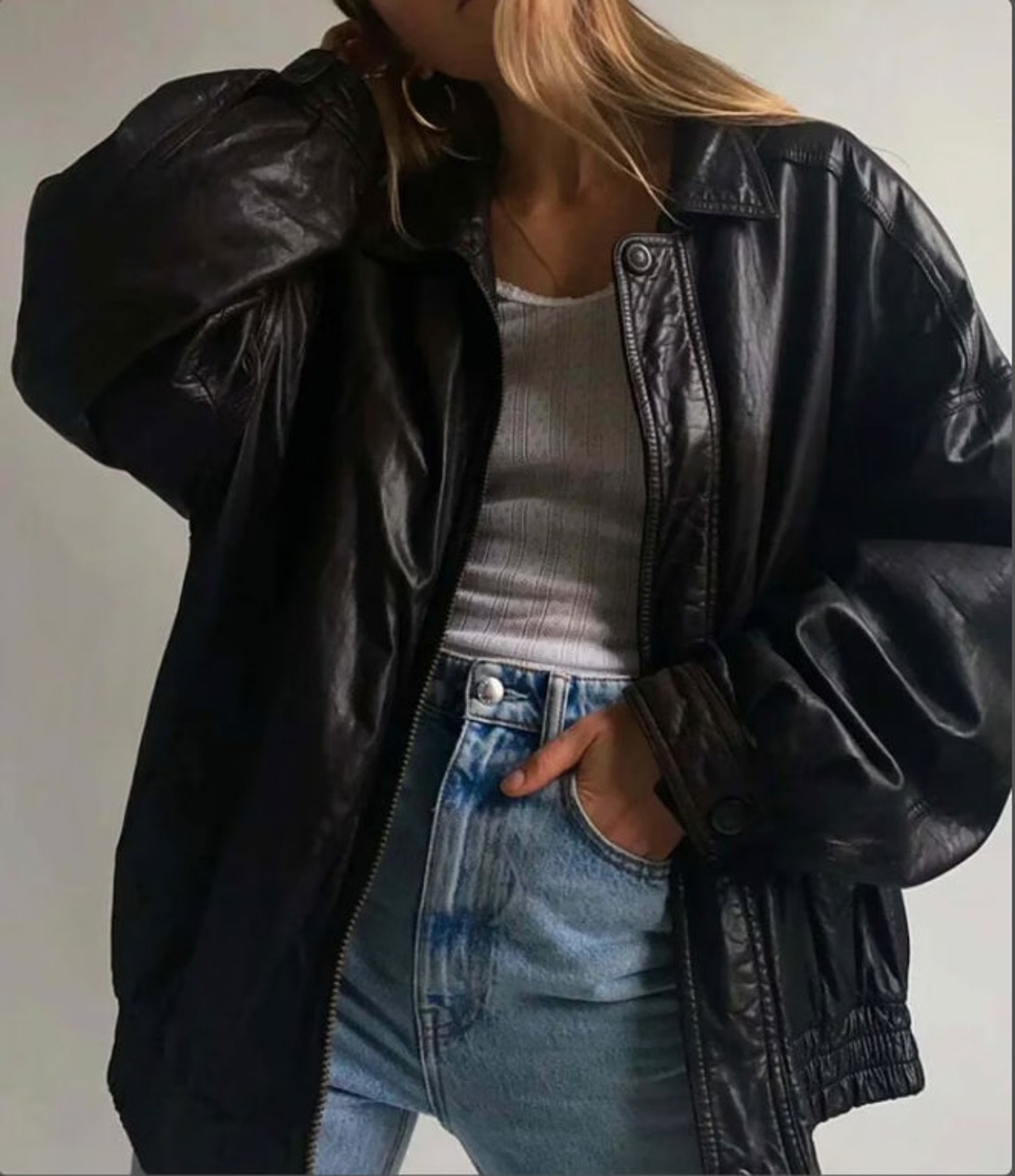 Oversized Black Leather Jacket Statement Piece in Etsy