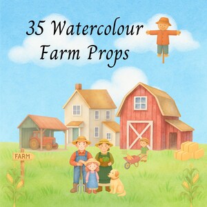 Könnte beinhalten: Aquarell-Illustration einer Farmszene mit einem roten Scheunen, einem weißen Haus, einer dreiköpfigen Familie, einem Hund, einer Vogelscheuche und einem Schild mit der Aufschrift "FARM".