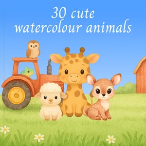 30 Aquarell Baby Tiere PNG Clipart | Niedliches Tier Bundle für Kinderzimmer Dekor, Kinder Basteln & Sublimation
