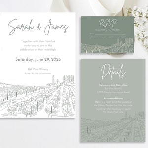 Vintage Hochzeitseinladung, Karte mit Antwortkarten, Antwortkarten | Handgezeichnete Weingut Hochzeit Venue Illustration Einladen Set | Canva Digitale Vorlage