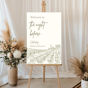 Ilustración de viñedo dibujada a mano para cartel de bienvenida y decoración de bodas. Editable, 2 plantillas. Descarga digital instantánea.