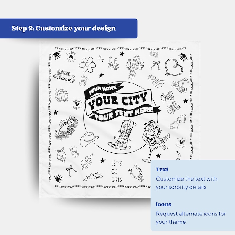 May include: White bandana with black line art illustrations, including a cowboy boot, guitar-playing figure, and text fields for customization. The text reads "Your Name", "Your City", and "Your Text Here". Additional icons include a cactus, stars, and a horseshoe.