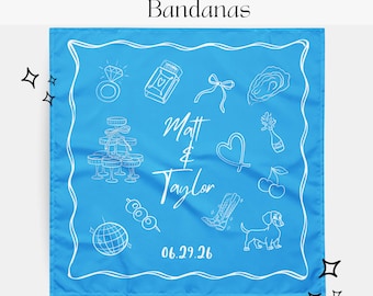Może przedstawiać: Kwadratowa, jasnoniebieska bandana z białymi ilustracjami w stylu line art z motywami weselnymi, w tym pierścionkiem, kieliszkami do szampana i psem. Widoczne są również imiona "Matt & Taylor" oraz data "06.29.26".