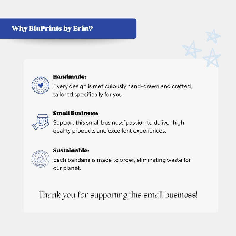 Puede incluir: Gr&aacute;fico con el texto "Why BluPrints by Erin?" en un rect&aacute;ngulo azul. El gr&aacute;fico destaca las pr&aacute;cticas artesanales, las peque&ntilde;as empresas y la sostenibilidad. Tambi&eacute;n incluye el texto "&iexcl;Gracias por apoyar a esta peque&ntilde;a empresa!"