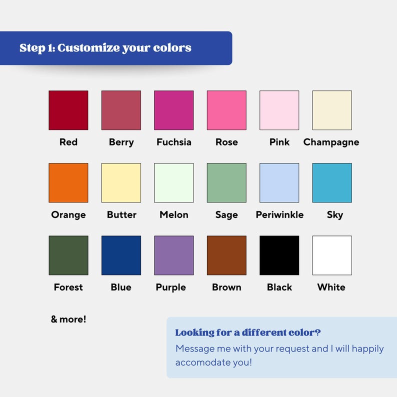 Puede incluir: Una paleta de colores con 16 muestras de color, incluyendo rojo, bayas, fucsia, rosa, rosa, champ&aacute;n, naranja, mantequilla, mel&oacute;n, salvia, b&iacute;garo, cielo, bosque, azul, morado, marr&oacute;n, negro y blanco. El texto dice "Paso 1: Personaliza tus colores".