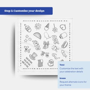 Puede incluir: Un textil cuadrado blanco con ilustraciones en negro de s&iacute;mbolos patri&oacute;ticos, incluyendo fuegos artificiales, estrellas y un perrito caliente. El texto "YOUR TEXT HERE" se repite tres veces. La esquina superior izquierda tiene el texto "Step 3: Customize your design".