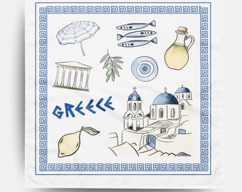 Pañuelo tipo bandana de Santorini, Grecia, bufanda de viaje de Mykonos, recuerdo de vacaciones en Grecia, accesorio de moda de verano europeo, regalo de las islas griegas para viajeros.