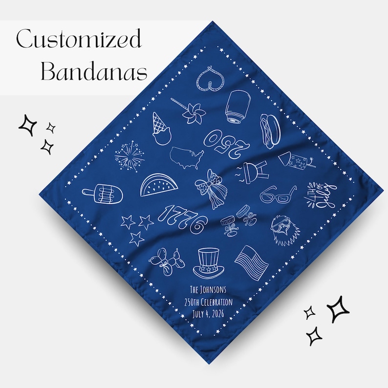 Puede incluir: Un pa&ntilde;uelo cuadrado azul marino con ilustraciones blancas de fuegos artificiales, helados y un perrito caliente. El texto "Customized Bandanas" est&aacute; en la parte superior y "The Johnsons 250th Celebration July 4, 2026" en la parte inferior.