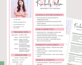 編集可能なピンクの女子学生クラブの履歴書テンプレート、ソーシャル履歴書、採用カバーレター、急ぎの履歴書テンプレート、写真付き編集可能なCanvaデザイン