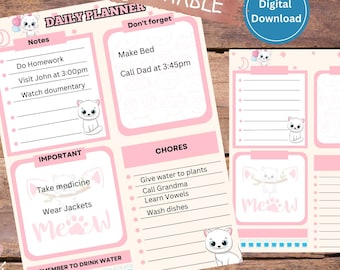 Cute Cat Daily Planner one Pager Printable | Animal Graphic Editable Chart |  Kids Checklist | Colorful Tracker |  Screen Time Tracker |