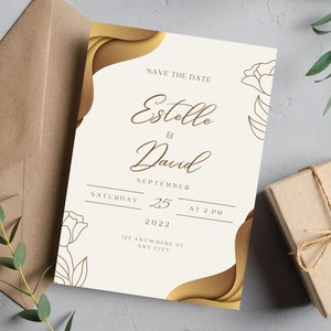 Modelo de convite de casamento dourado, convite elegante, convite dourado editável, para impressão, convite marrom, download instantâneo