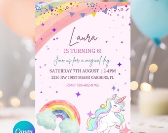 編集可能なユニコーンガールの誕生日招待状、レインボー招待状、ピンクと白の招待状、子供の誕生日招待状、テキストメッセージ電子招待状