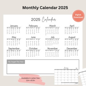 2025 Calendar, Monthly Planner Calendar, Wall Calendar, Printable Desk Calendar, Full Year Calendar, Minimalist Calendar With Notes