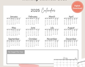 2025 カレンダー、月間プランナーカレンダー、壁掛けカレンダー、印刷可能な卓上カレンダー、年間カレンダー、メモ付きミニマリストカレンダー