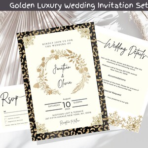 Plantilla de conjunto de invitación de boda dorada, invitación dorada editable, boda boho, suite de bodas dorada, detalles de boda RSVP Descarga instantánea