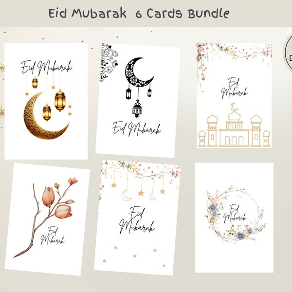 Printable Eid Mubarak Cards, Islamic Greeting Cards, Boho Eid Greetings Cards, Digital Cards, Moon Lights Card 5x7 in, Din A6 Digital