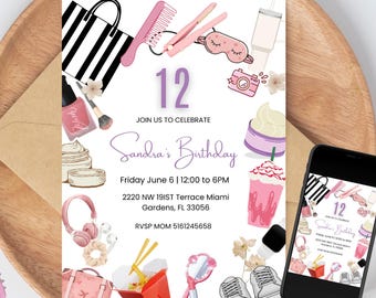 VSCO 女の子向け2桁誕生日招待状、ティーン向け誕生日パーティー招待状、プレッピー風招待状、年齢不問、女の子向け誕生日メッセージ招待状、編集可能なテンプレート