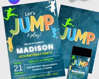 Bearbeitbare Jump-Geburtstags-Einladungsvorlage, Kinder-Geburtstags-Einladung, Trampolin-Party-Hüpfen einladen, Lets Jump-Geburtstag, Neon-Glow-Party