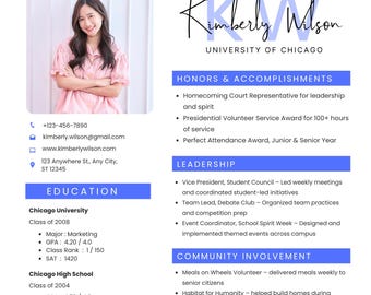 編集可能なブルーの女子学生クラブ向け履歴書テンプレート、ソーシャル履歴書、採用用カバーレター、急ぎの履歴書テンプレート、写真付きCanvaデザイン