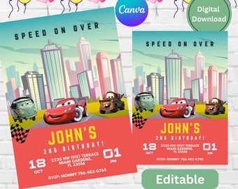 Cars McQueen-Geburtstagsfeier-Einladung, Lightening Mcqueen Geburtstag einladen, Autos einladen, Kindergeburtstag druckbare bearbeitbare Vorlage