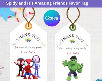 Plantilla editable de etiqueta de regalo de agradecimiento, decoración de Spidy y sus increíbles amigos, etiqueta de regalo, etiqueta personalizada, etiqueta de regalo, descarga instantánea