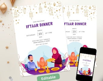 Könnte beinhalten: Eine Einladung zu einem Iftar-Dinner mit einem violetten und goldenen Design. Die Einladung enthält Datum, Uhrzeit und Ort der Veranstaltung. Die Einladung zeigt auch eine Cartoon-Illustration einer Familie, die gemeinsam das Fasten bricht.