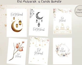 Printable Eid Mubarak Cards, Islamic Greeting Cards, Boho Eid Greetings Cards, Digital Cards, Moon Lights Card 5x7 in, Din A6 Digital